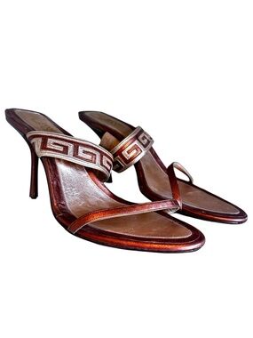 Versace Metallic Copper Brown Greek Key Stiletto Sandals